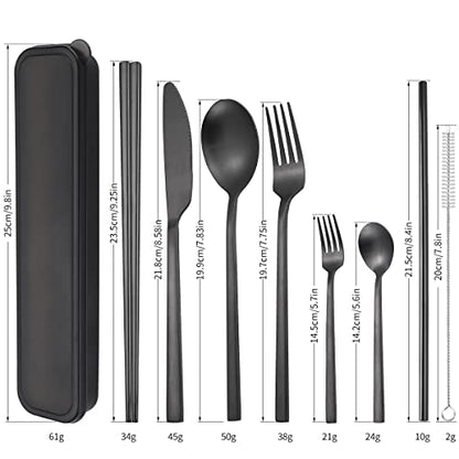 AARAINBOW 6 Pieces Stainless Steel Flatware Set Portable Reusable Cutlery Set Travel Utensils Set Including Chopsticks Knife Fork Spoon Straws Cleaning Brush Dishwasher Safe (B-Black) - color: B-Black