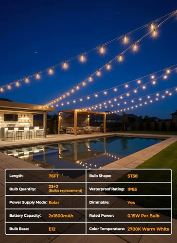 Brightown 76FT Solar String Lights Outdoor Waterproof, Patio Lights with Remote and 23+1 LED Shatterproof Bulbs, Dimmable & Timable, 3 Light Modes, Solar Lights Outdoor for Yard Camping Party Outside - size: 76FT(23 Sockets)