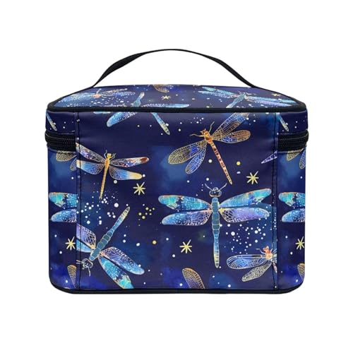 Comestic Bag for Women Blue Dragonfly Printed Makeup Brush Bag Exquisite Portable Travel Case for Toiletries Skin-Care Products with Versatile Uses - color: Blue Dragonfly