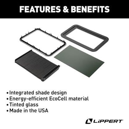 Lippert Thin Shade EcoCell Complete RV Window Kit for Entry Doors with Frame, Tinted Glass, Horizontal Blind, Sun-Blocking Protection, Easy Sliding Operation, Quick Installation - 2025009148