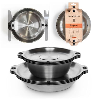 FULL WiNDSOR - MAGWARE - Magnetic Bowls and Plates Set - Stainless Steel Travel Dinnerware for Camping, Overlanding, Backpacking, Picnic, RV, Outdoor Dining Portable Tableware Mess Kit