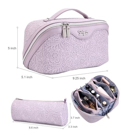 BOYATU Travel Makeup Bags Cosmetic Organizer Bag: 3-Set Large Capacity Make up Bag - PU Leather Toiletry Bags for Women - Wide Open Portable Pouch with Divider & Handle (A-Violet) - color: A-Violet