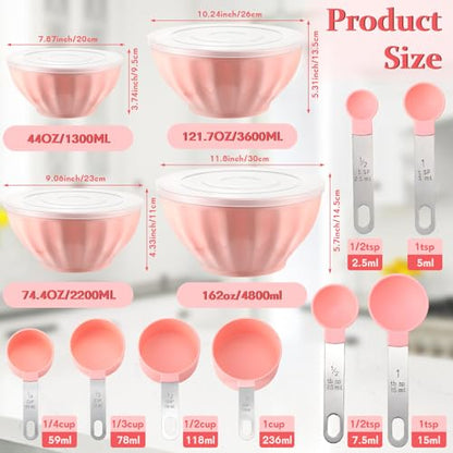 Ziliny 4 Pcs Mixing Bowls with Lids Plastic Nesting Bowls Set with Stainless Steel Colander 8 Pcs Measuring Cups and Spoons Set and Foldable Kitchen Funnel for Kitchen Cooking Accessories (Pink)