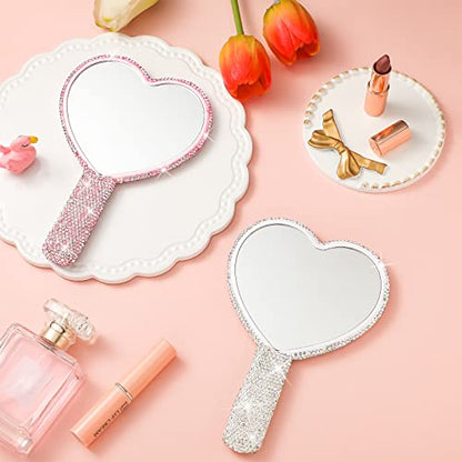 Tatuo 2 Pcs Large Rhinestone Handheld Mirror Heart Shaped Bling Glitter Portable Cosmetic Hand Mirror with Handle for Women Make up Brush Lash(Pink and White)