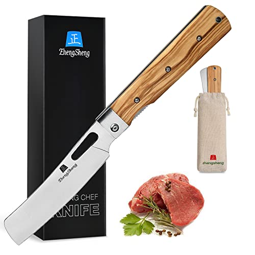 ZhengSheng Folding Chef Knife 4.8” Ultra Sharp 440A Stainless Steel Blade Natural Olive Handle Pocket Foldable Japanese Style Kitchen Knife for Outdoor Camping BBQ trip Cooking - color: #1 Natural Olive Handle