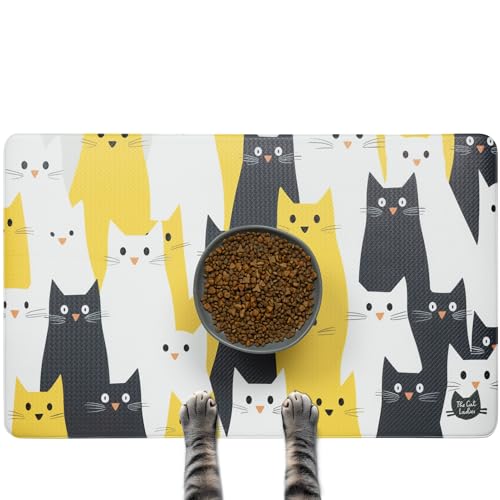 The Cat Ladies Cats Feeding Mat - Waterproof Dishwasher Safe Small Pet Eating Placemat - Cat Dog Food Mats for Food and Water Bowl - Protect Floors from Mess - Black & Yellow Cats - color: Black and Yellow Cats