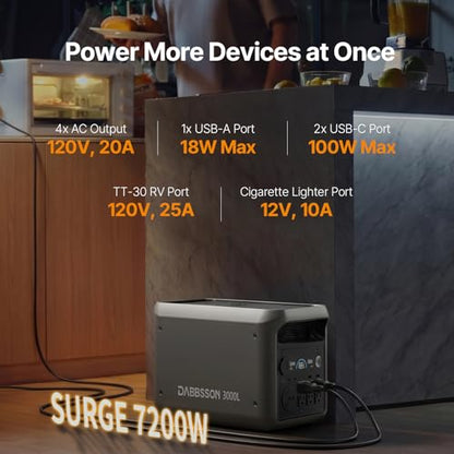 DABBSSON Portable Power Station 3000L, 3072Wh Semi-Solid LiFePO4 Battery, 3000W AC Output 6, 3600W Power Boost, Fast Charge, Solar Generator for Home Backup, Camping & RVs (Solar Panel Optional) - style: 3000L