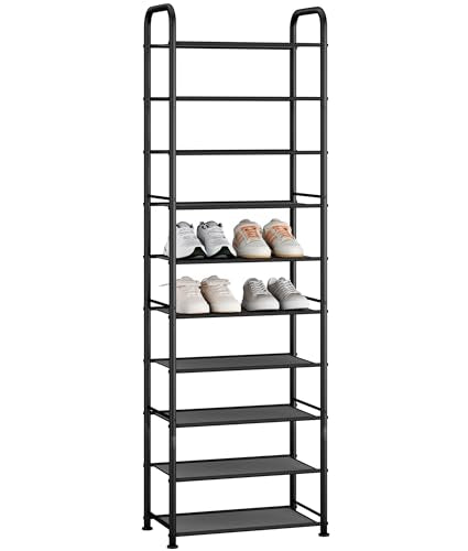 STORAGE MANIAC 10-Tier Tall Shoe Rack, 20 Pairs Narrow Slim Shoe Shelf, Metal Frame Shoes Stand for Small Space, Space-Saving Shoes Organizer, Vertical Shoes Tower for Garage, Entryway, Closet, Dorm