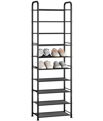 STORAGE MANIAC 10-Tier Tall Shoe Rack, 20 Pairs Narrow Slim Shoe Shelf, Metal Frame Shoes Stand for Small Space, Space-Saving Shoes Organizer, Vertical Shoes Tower for Garage, Entryway, Closet, Dorm