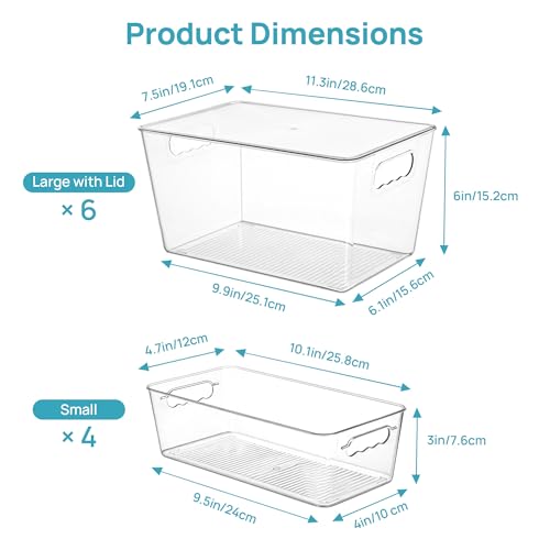 Vtopmart 10 Pack Clear Plastic Storage Bins with Lid Set, 6 Large and 4 Small Pantry Organizers and Storage Bins with Handle, Storage Containers for Pantry, Kitchen, Fridge, Cabinet Organization - size: 6 Large (With Lid) + 4 Small
