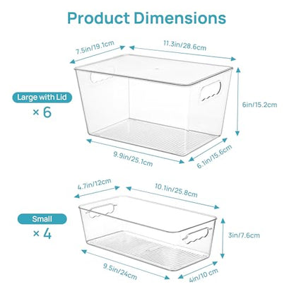 Vtopmart 10 Pack Clear Plastic Storage Bins with Lid Set, 6 Large and 4 Small Pantry Organizers and Storage Bins with Handle, Storage Containers for Pantry, Kitchen, Fridge, Cabinet Organization - size: 6 Large (With Lid) + 4 Small