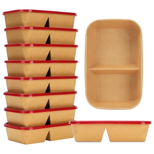 8 Pack 32oz Paper Lunch Box Bento Boxes, 2-Compartment Kraft Brown Paper Take Out Food Containers with Lids, Leakproof & Microwave Safe, Disposable To Go Boxes for Picnics, Offices, Catering, Red - color: Red Lid & Kraft Brown Box