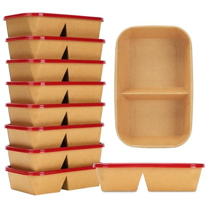 8 Pack 32oz Paper Lunch Box Bento Boxes, 2-Compartment Kraft Brown Paper Take Out Food Containers with Lids, Leakproof & Microwave Safe, Disposable To Go Boxes for Picnics, Offices, Catering, Red - color: Red Lid & Kraft Brown Box