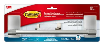Command Hand Towel Bar Satin Nickel with 4 Water Resistant Command Strips, 9" Hand Towel Holder, Holds up to 3 lb, Great for Bathroom Décor on the Wall, Inside the Cabinet, or in the Shower - size: 1