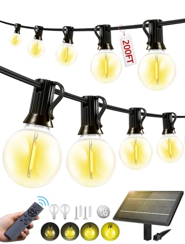 200FT Solar Lights Outdoor Waterproof: G40 60M Shatterproof Bulbs Patio Lights - Solar Powered Remote Control 3 Light Modes Dimmable Solar Light - Camping Backyard Garden Deck Outside Yard - size: 200FT-Remote