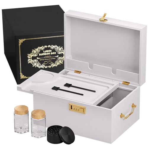 Bamboo Storage Box with Lid and Lock – Large Wooden Stash Box with Rolling Tray, Adjustable Dividers & Vintage Gold Side Handles, Elegant Storage Organizer - color: White, size: Large