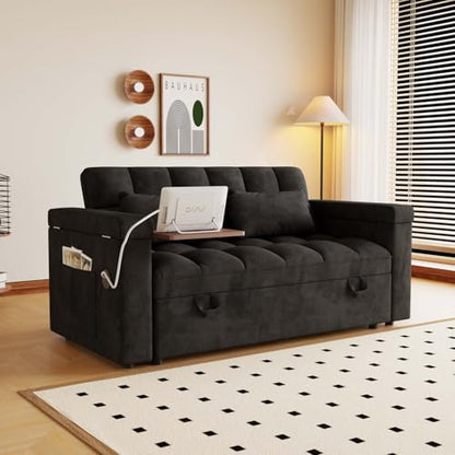 65" Foldable RV Love Seat Sofa, Modern Velvet Pull Out Couch with Table Board and UAB, Convertible Love Seat Sofa Bed with Adjustable Back and Pillow for Living Room, Small Spaces(Black, 2 Seat) - color: Black, size: 2 Seat