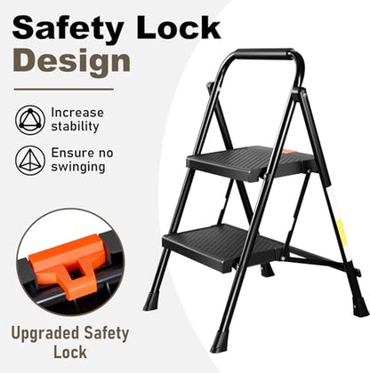 Valeo 2 Step Ladder, 2 Step Ladder for Adults with with Safe-Lock Design, Wide Anti-Slip Pedal, 500lbs Sturdy Steel Ladder, Step Stool Foldable with Cushioned Handle,Black - style: 2 Step Ladder