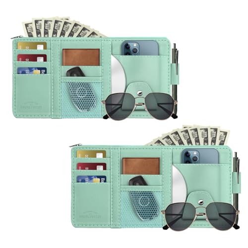 Car Sun Visor Organizer, Leather Pocket Organizer Sunglass Holder for Car Interior Accessories with Multi-Pocket Net Zipper - color: 2 Pack Blue