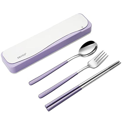 DEVICO Travel Utensils, Portable 18/8 Stainless Steel Silverware Flatware Set, Include Fork Spoon Chopsticks with Case (Purple) - color: Purple