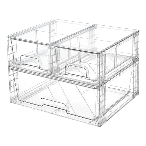 Vtopmart 3 Pack Stackable Storage Drawers, Easily Assemble Acrylic Bathroom Undersink Organizers,Clear Plastic Storage Bins for Closet,Cabinet,Pantry,Medicine Organization - style: 1 Wide+2 Small