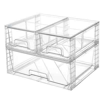 Vtopmart 3 Pack Stackable Storage Drawers, Easily Assemble Acrylic Bathroom Undersink Organizers,Clear Plastic Storage Bins for Closet,Cabinet,Pantry,Medicine Organization - style: 1 Wide+2 Small