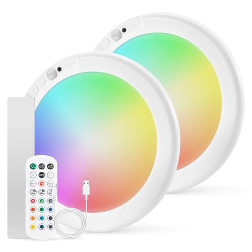 Combuh 2 Pack Rechargeable RGB Ambient Shower Light Waterproof Inside, LED 13 Color Changing Mood Lighting for Bathroom Cordless Battery Operated Stick on Ceiling Lamp with Remote for Bathtub Bedroom - color: RGB-White, size: 2 Pack