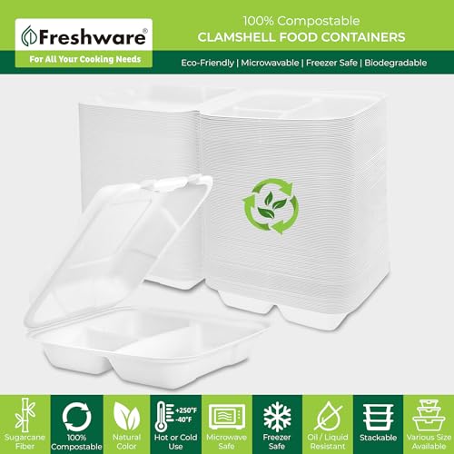 Freshware Clamshell Food Containers with Lids [8x8"] 3-Compartment 100-Pack, Disposable To Go Containers, Biodegradable Sugarcane To Go Boxes - Paper Container - Microwave & Freezer Safe, Stackable - size: 8 x 8 Inch, 100 Pack