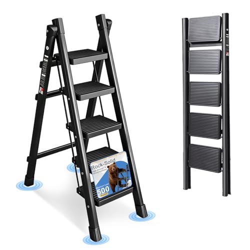 5 Step Ladder Folding Step Stool Sturdy Carbon Steel Frame | 500LBS Capacity Sturdy Anti-Slip Thick Pedal & Feet Portable for Home Kitchen Garage (black-4step) - color: Black, size: 5 step