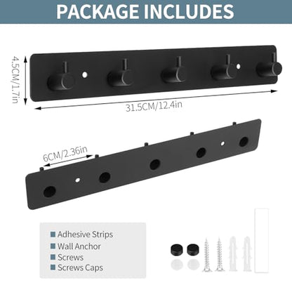 Dntorx Coat Rack Wall Mount, Black Coat Hooks with 5 Hooks Heavy Duty Metal Towel Hook Rail Adhesive & Screw in Door Hooks Hanger Organizer Wall for Towels, Clothes, Hat - style: "T" shape