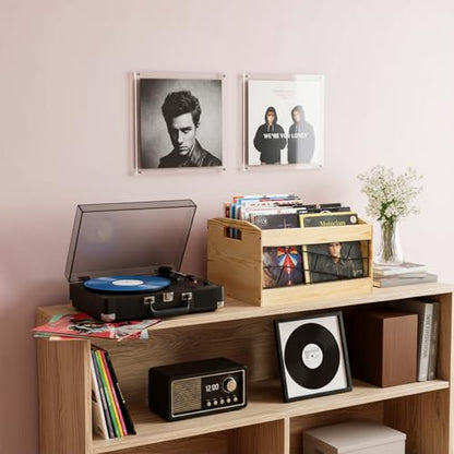 Covzoe Vinyl Record Storage Crate, Wooden Album Holder with Handle, Holds up to 70+ Albums, Natural Cube CD Albums Shelf Organize Box, File Organizer Rack for Desktop, Home, Office