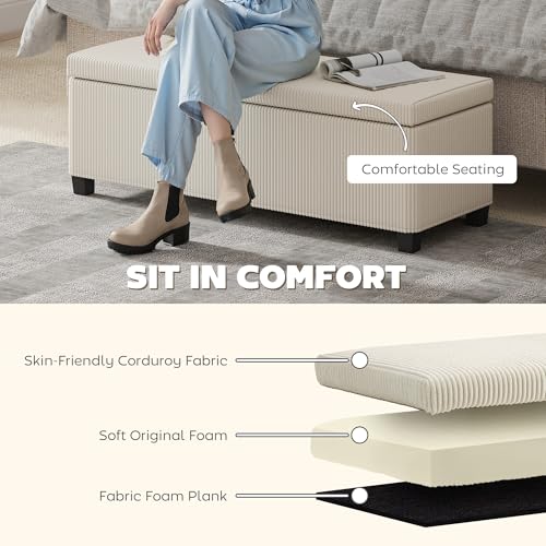 HOMCOM 44 Inches Storage Ottoman Bench, Foot Rest with Removable Lid, Legs, End of Bed Bench, Corduroy Storage Chest, Padded Seat, for Living Room, Bedroom, Entryway, Beige