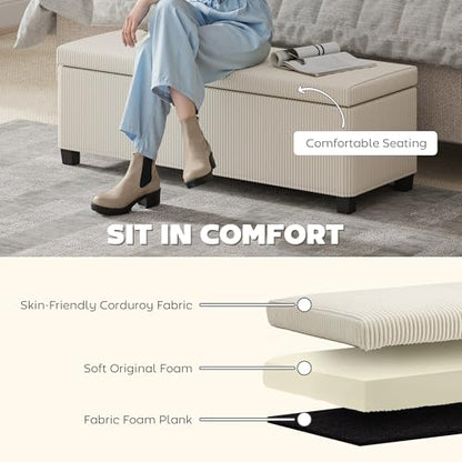 HOMCOM 44 Inches Storage Ottoman Bench, Foot Rest with Removable Lid, Legs, End of Bed Bench, Corduroy Storage Chest, Padded Seat, for Living Room, Bedroom, Entryway, Beige