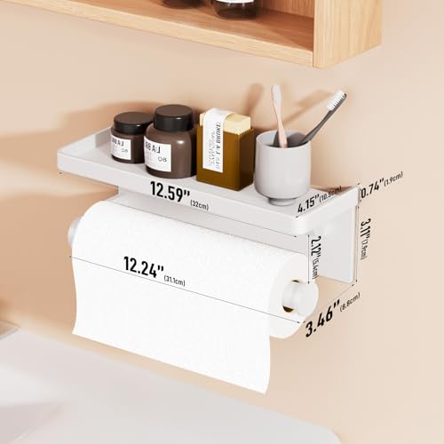 White Paper Towel Holder with Shelf, Wall Mount Paper Towel Holder for Bathroom Kitchen, Hand Towel Rack Holder,Paper Roll Holder with Self Adhesive & Screw,RV - color: White Pro
