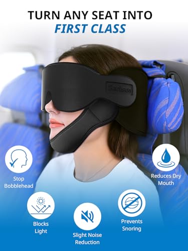 SARISUN Airplane Pillow Combo with Chin Strap, Travel Pillows for Airplanes with Sleep Eye Mask, Plane Pillow for Long Flights, Car Road Trip, 360° Headrest, Stop Bobblehead, Black - color: Black