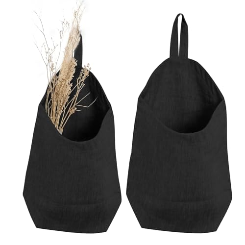 100% Linen Hanging Storage Bags Baskets 2 Pcs, Small Wall Storage Bag for Kitchen, Bedroom, RV Camper Organizer, Sewing Room, Nursery Storage, Kids Room (Black) - color: Black