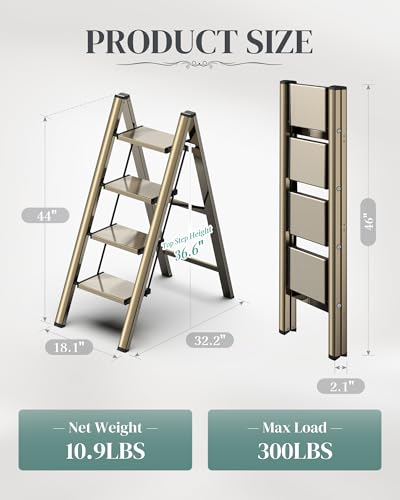4 Step Ladder, Folding Step Stool with Wider Pedal, Anti-Slip Feet & Non Slip Stripes, Aluminum Sturdy Material, 300Lbs Capacity, Elegant Look of Champagne Gold Better Matches Your Home - color: Champagne Gold, size: 4 Step