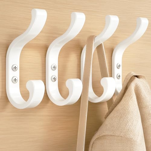 Large Wall Hooks for Hanging Coats - Wall-Mounted Heavy Duty, Holds 30 lbs, Door Hook for Backpacks, Clothes, Towels, Hats, Purses, Screw-in Hooks for Bathroom, Mudroom, Farmhouse (White, 4 Pack) - color: White, size: 4 Pack