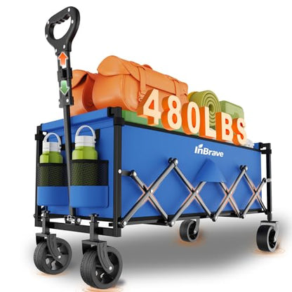 Extra Long Collapsible Wagon Cart, 480LBS Heavy Duty Utility Wagons with All-Terrain Wheels, Foldable Grocery Carts for Gardening, Shopping, Beach, Camping, Royal Blue - color: Royal Blue