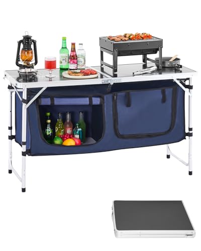 VEVOR Camping Kitchen Table, Folding Outdoor Cooking Table, 3 Adjustable Height, Aluminum Lightweight Portable Cook Station with Storage Organizer, Carry Handle, for BBQ Party Picnic RV Travel, Blue - color: Black&blue