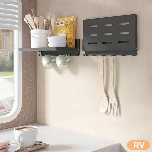 Small Folding Metal Shelf with Hooks, RV Fold-Down Wall Shelf, 6 Hooks, Drop Down Floating Shelf for Laundry Room, Kitchen, Bedside, Toilet Room, Bathroom, Utility, Black（11.8", 1 Pack） - color: 11.8" , 2-pack