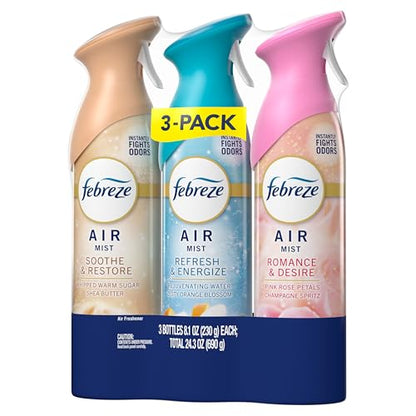 Febreze Air Mist, Air Freshener, Odor Fighting Room Spray, Deodorizer for Home Bathroom Kitchen Office Apartment, Soothe & Restore, Refresh & Energize, Romance & Desire Variety Pack, 8.1oz (Pack of 3) - style: Mood Mix Pack