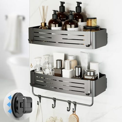 Onemake Shower Caddies Suction Cup, 2-Pack Removable Bathroom Shelf, Shower Organizer with Portable Hooks, Shower Caddy Corner Waterproof Holder with Towel Bar, Gray - style: 2 Tier-Gray Square Caddies