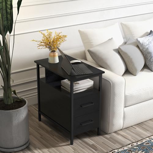 Livofloral Black Side Tables, End Table with Charging Station, Narrow End Table with 2 Wooden Drawers, USB Ports and Power Outlets, Slim Nightstand and Bedside Table, End Tables Living Room, Bedroom - color: Black