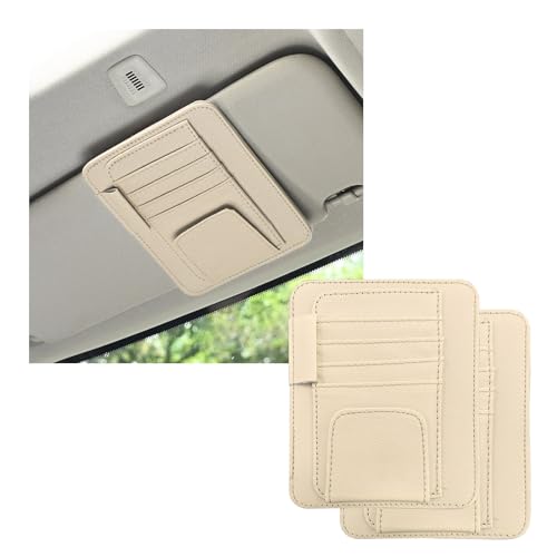Dickno 2PCS Small Leather Car Sun Visor Organizer, Multifunctional Auto Visor Document Holder with Sunglasses Clip, Universal Car Interior Organizer for Drving License, Card, Pen (Beige) - color: Beige, 2PCS
