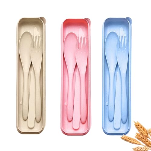 Wheat Straw Utensils Set with Case, 3 Pack Reusable Travel Cutlery Set with Fork Spoon Knife, BPA-Free Portable Flatware for Camping, Hiking & Picnic (Blue, Beige, Pink) - color: 3PCS Multi-color
