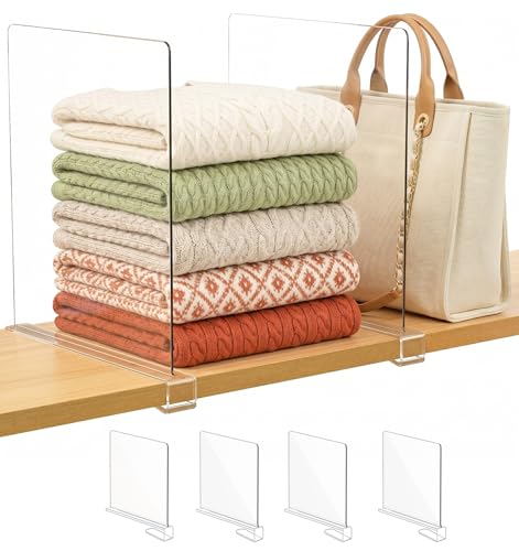 SortNStore Shelf Dividers Purse Organizer for Closet: 11-inch Tall(Extra Tall) Acrylic Sweater Organizer - Upgraded Extra Height for Large Handbags, Totes, Clothes, Towels on Wood Shelves 4-Pack - color: Clear:4-pack, size: Extra Tall: 11" Tall X 12" Deep