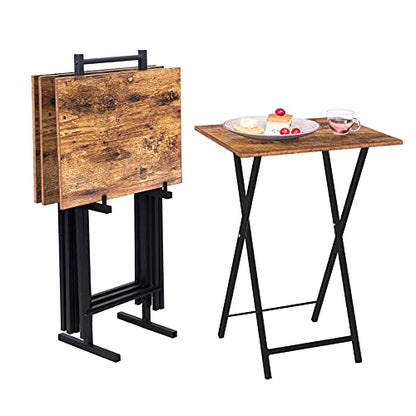 HOOBRO Folding TV Tray Tables, Set of 4 TV Trays with Storage Rack, Industrial Side Table for Eating at Couch, Foldable Snack Table for Small Space, Easy Assembly, Rustic Brown and Black BF50BZ01 - color: Rustic Brown + Black