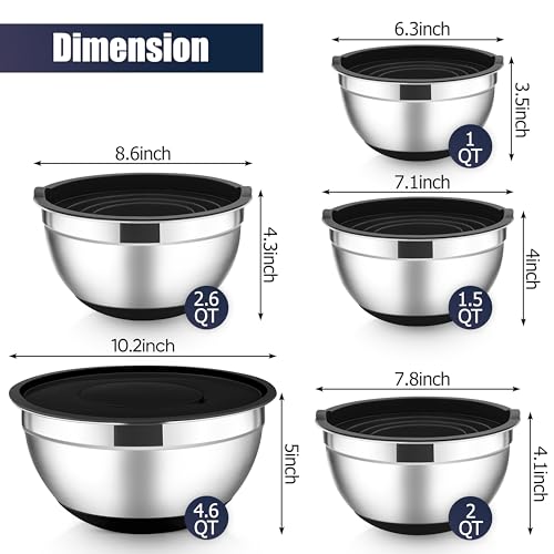 E-far Stainless Steel Mixing Bowls with Lids Set, 5-Piece Nesting Salad Bowls with 3 Grater Attachments and Non-Slip Bottoms, Size 4.6, 2.6, 2, 1.5, 1QT for Kitchen (Black) - color: Black, size: 5 Regular Sizes