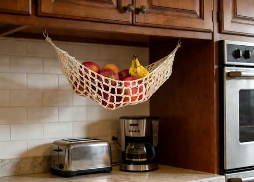 2-Pack Hanging Fruit Hammock with Hooks - Macrame Under Cabinet Veggie Banana Basket, Hand-Woven Boho Fruit Holder, Save Counter Space for Kitchen Home RV Boat (Ivory) - color: Ivory
